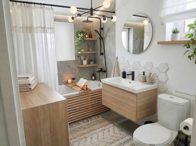 Дизайн ванной в стиле Хюгге — фото интерьера от нейросети RoomGPT