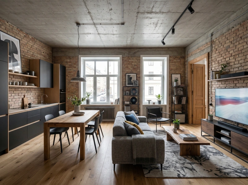 Дизайн гостиной в стиле Лофт — фото интерьера от нейросети RoomGPT