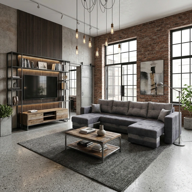 Дизайн гостиной в стиле Лофт — фото интерьера от нейросети RoomGPT