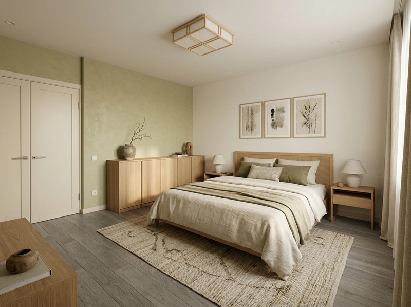 Дизайн спальни в стиле Japandi — фото интерьера от нейросети RoomGPT
