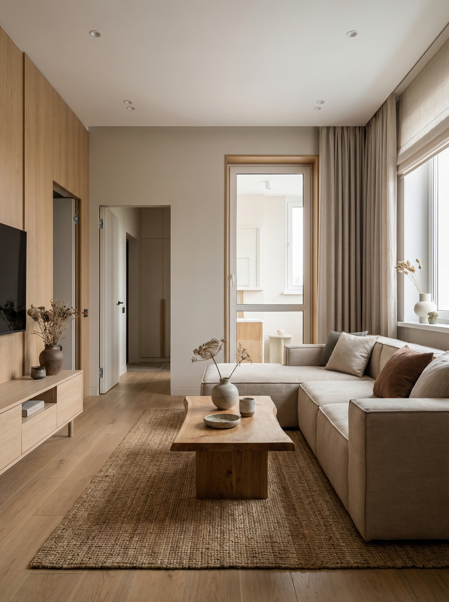 Дизайн гостиной в стиле Japandi — фото интерьера от нейросети RoomGPT