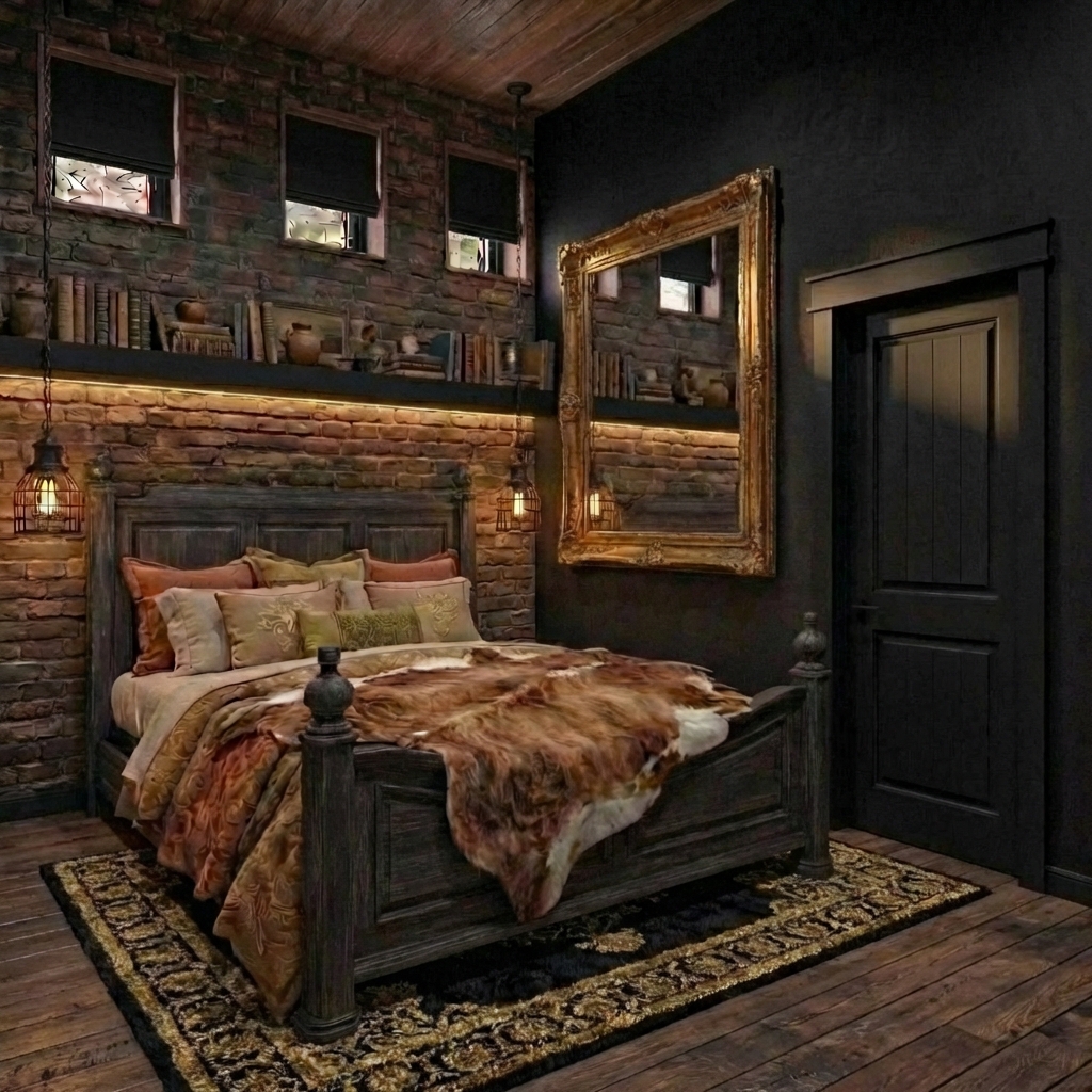 Дизайн спальни в стиле Блэктэк — фото интерьера от нейросети RoomGPT