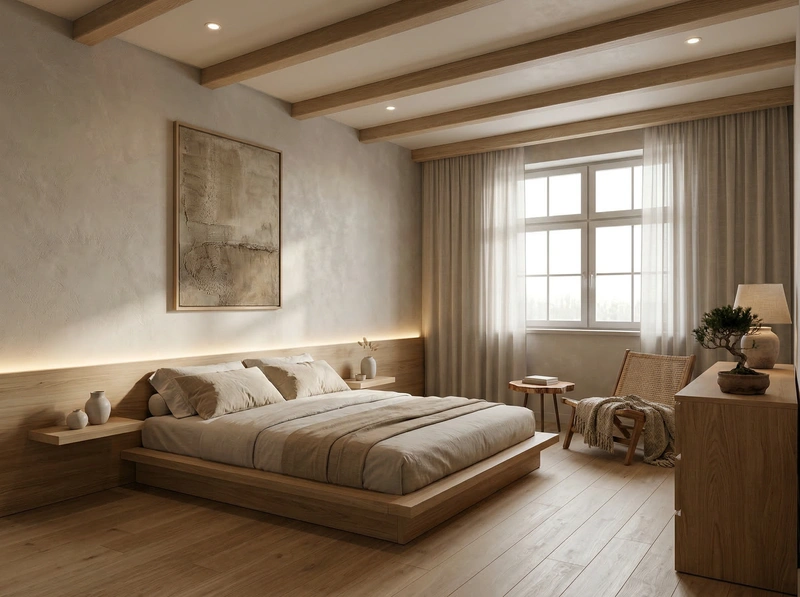 Дизайн спальни в стиле Japandi — фото интерьера от нейросети RoomGPT