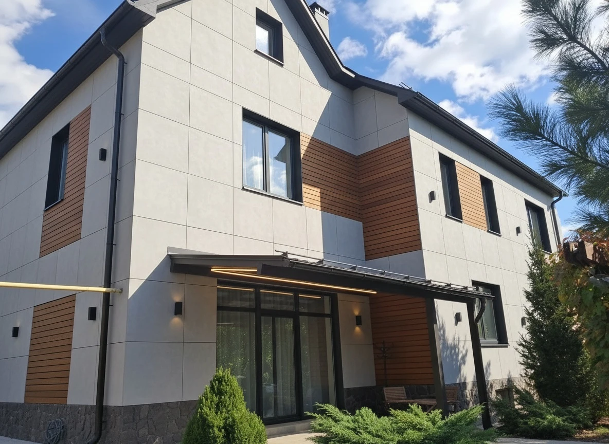 Дизайн фасада в стиле Контемпорари — фото фасада от нейросети RoomGPT