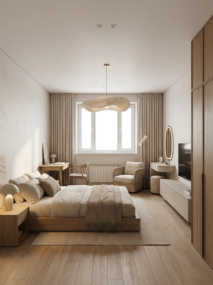 Дизайн спальни в стиле Japandi — фото интерьера от нейросети RoomGPT