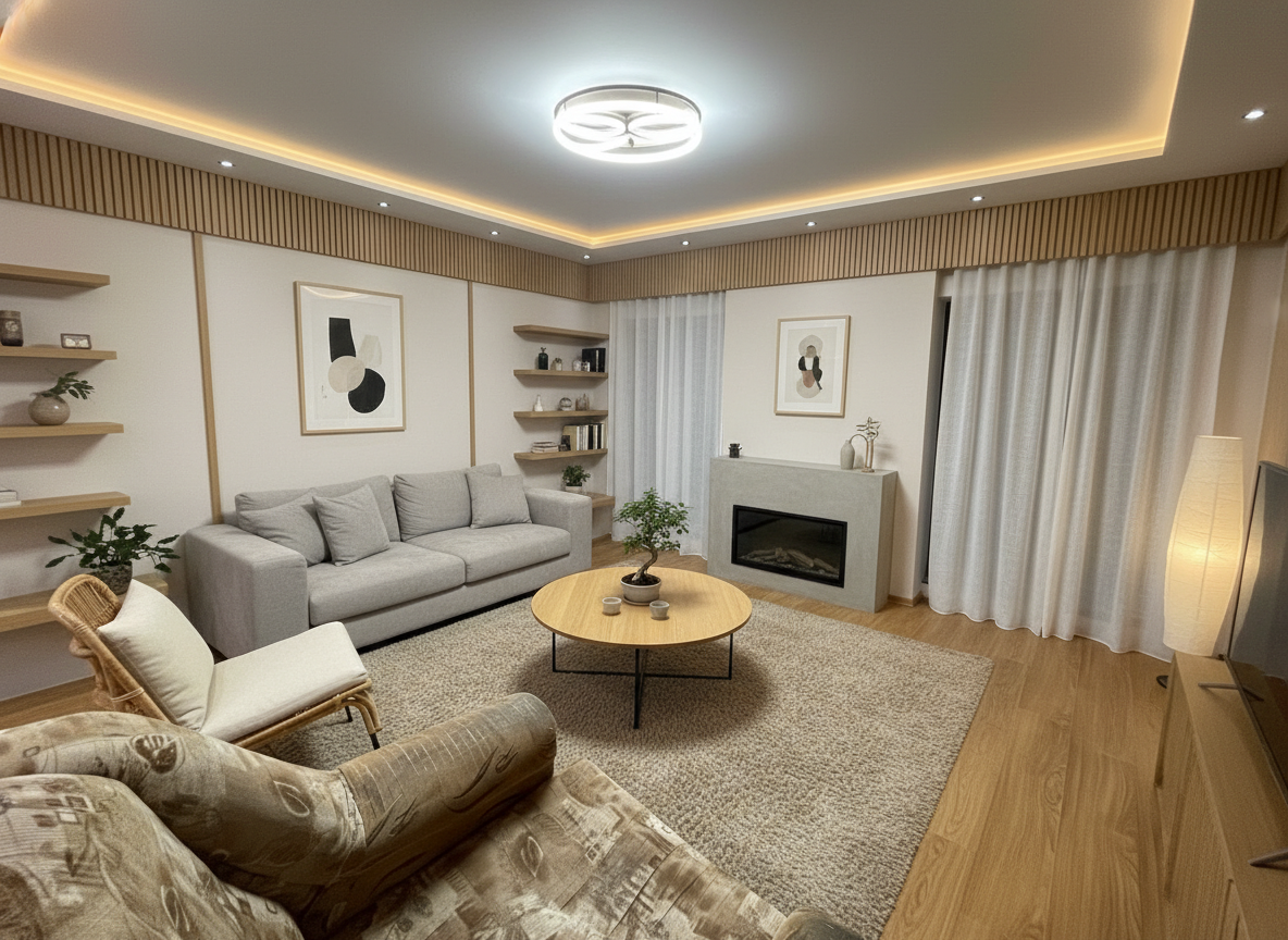 Дизайн гостиной в стиле Japandi — фото интерьера от нейросети RoomGPT