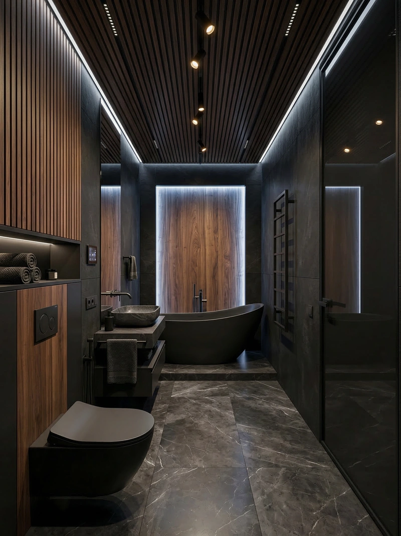 Дизайн ванной в стиле Блэктэк — фото интерьера от нейросети RoomGPT