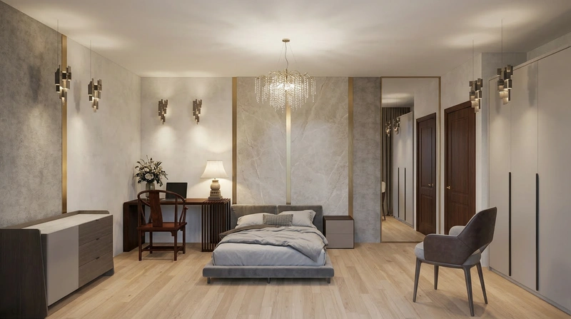 Дизайн спальни в стиле Контемпорари — фото интерьера от нейросети RoomGPT