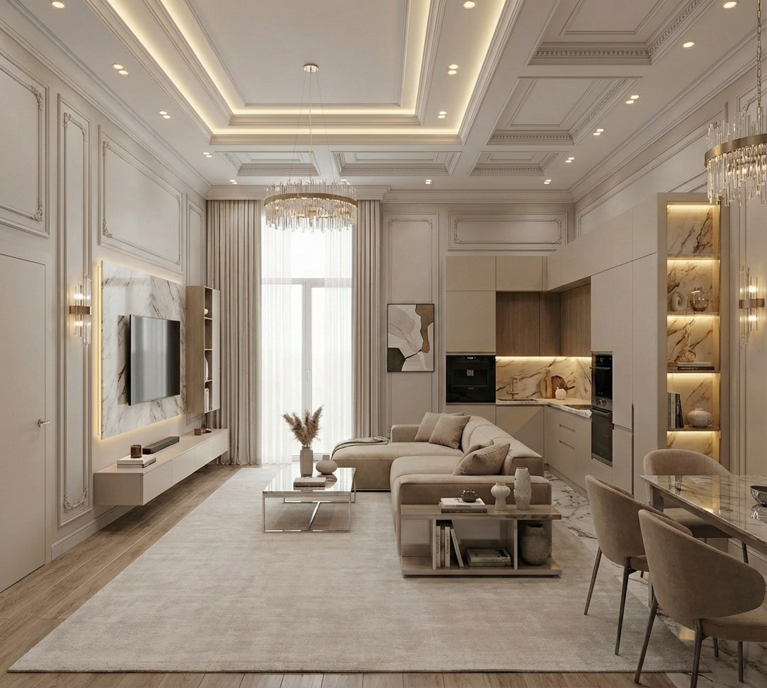 Дизайн гостиной в стиле Классика — фото интерьера от нейросети RoomGPT