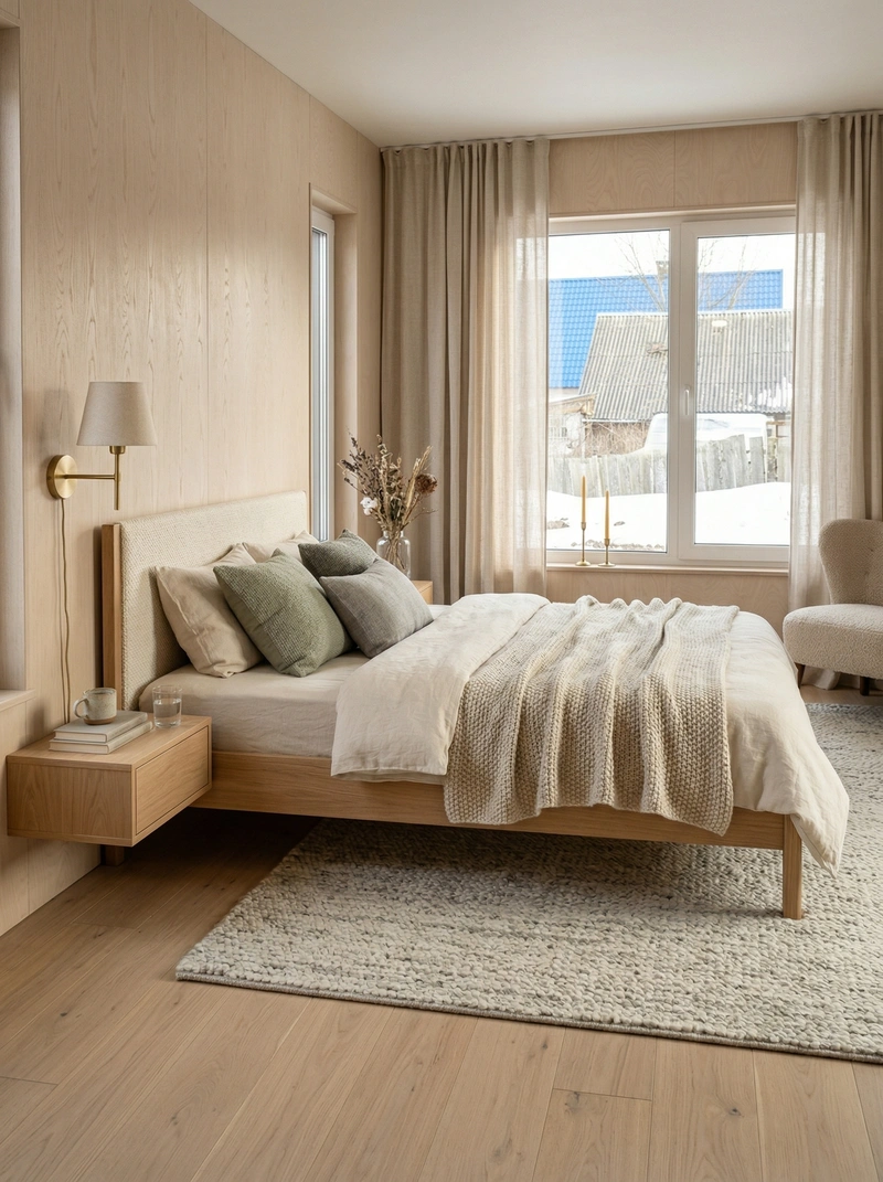 Дизайн спальни в стиле Хюгге — фото интерьера от нейросети RoomGPT