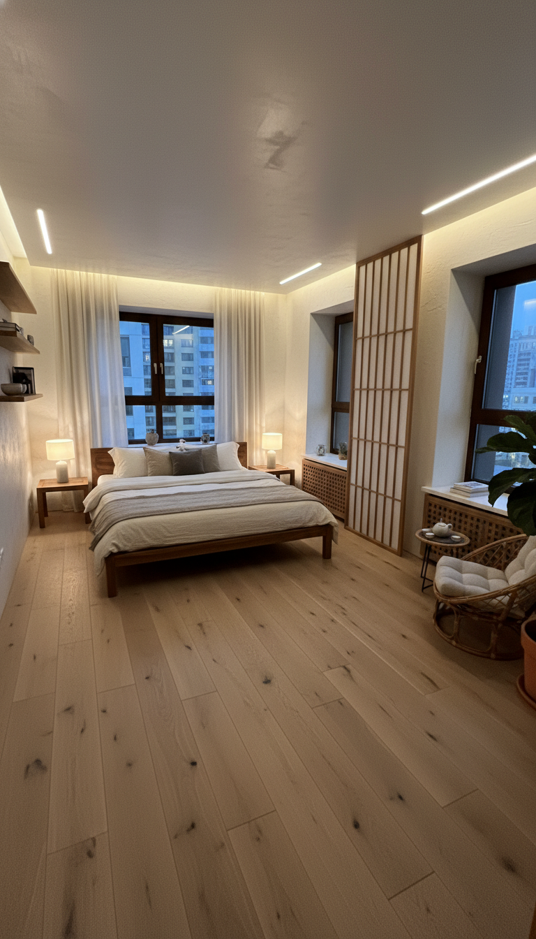 Дизайн спальни в стиле Japandi — фото интерьера от нейросети RoomGPT