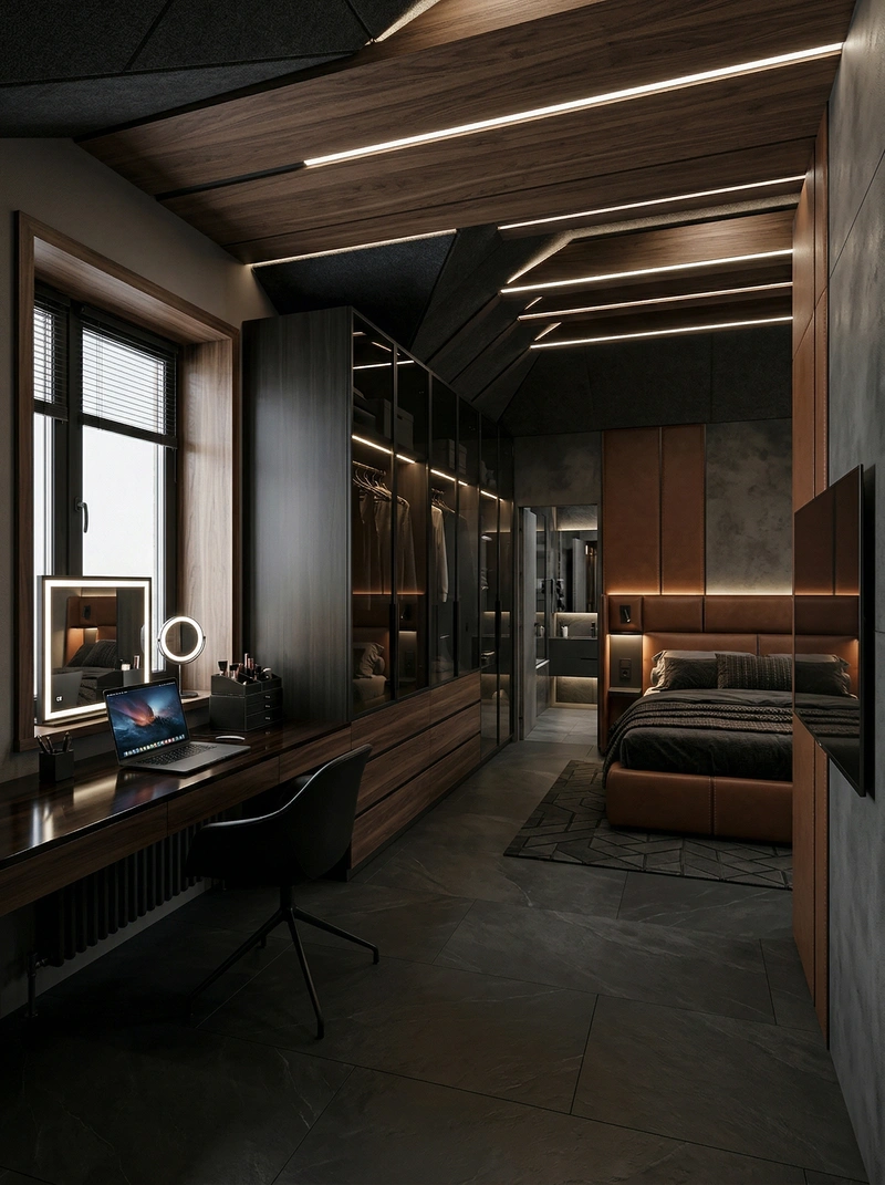 Дизайн спальни в стиле Блэктэк — фото интерьера от нейросети RoomGPT