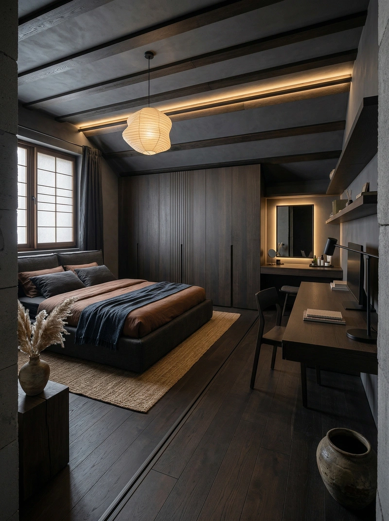 Дизайн спальни в стиле Japandi — фото интерьера от нейросети RoomGPT