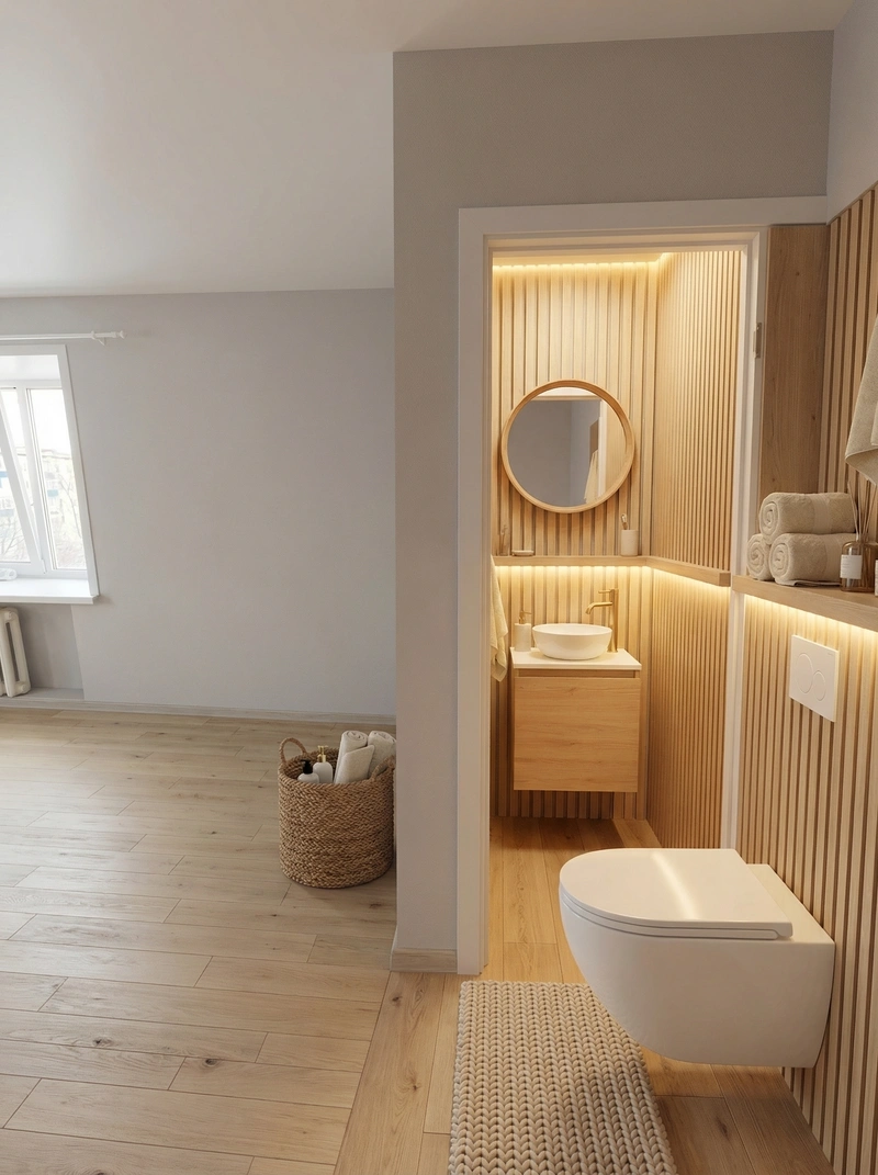 Дизайн ванной в стиле Хюгге — фото интерьера от нейросети RoomGPT