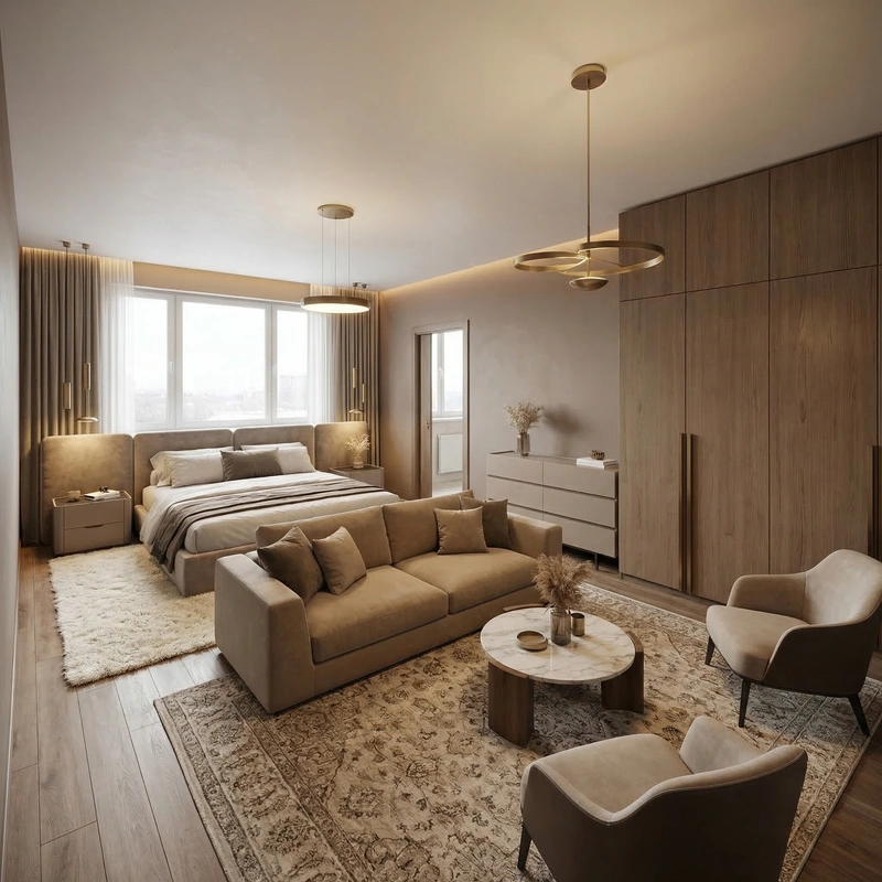 Дизайн интерьера в стиле Контемпорари — Гостиная от нейросети RoomGPT