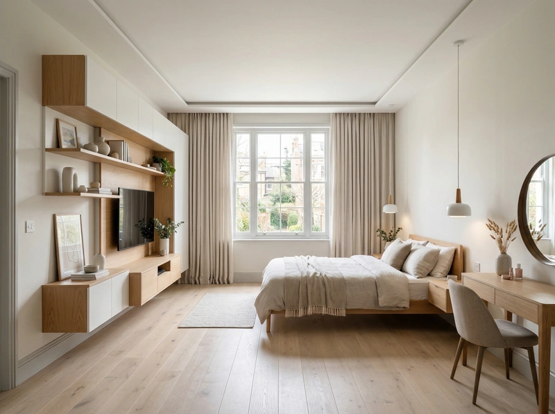 Дизайн спальни в стиле Сканди — фото интерьера от нейросети RoomGPT