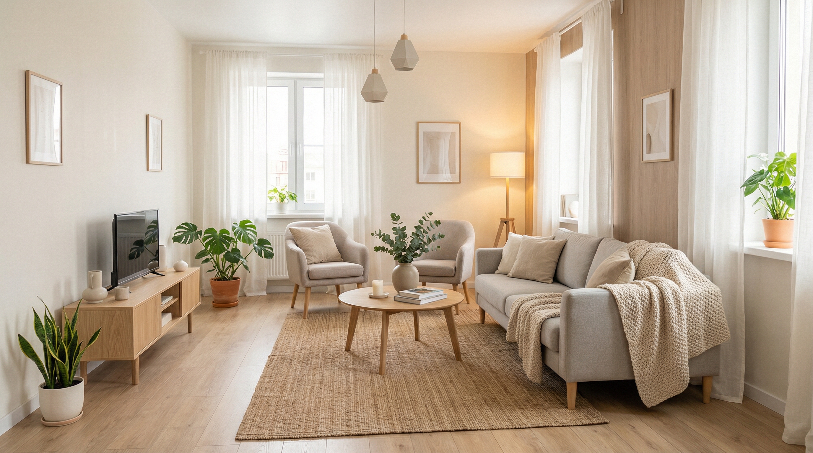 Дизайн гостиной в стиле Хюгге — фото интерьера от нейросети RoomGPT