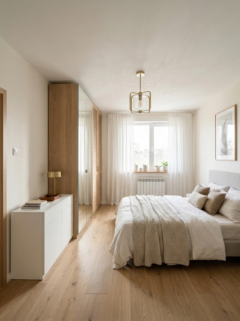 Дизайн спальни в стиле Сканди — фото интерьера от нейросети RoomGPT