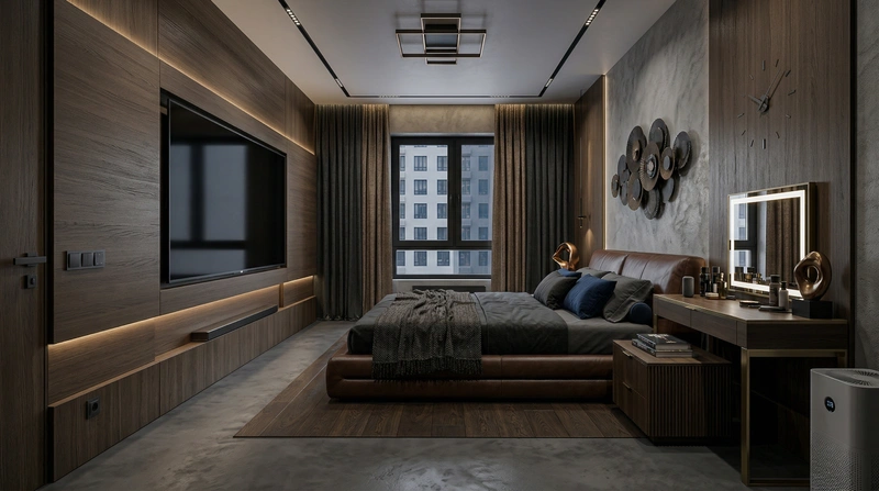 Дизайн спальни в стиле Блэктэк — фото интерьера от нейросети RoomGPT