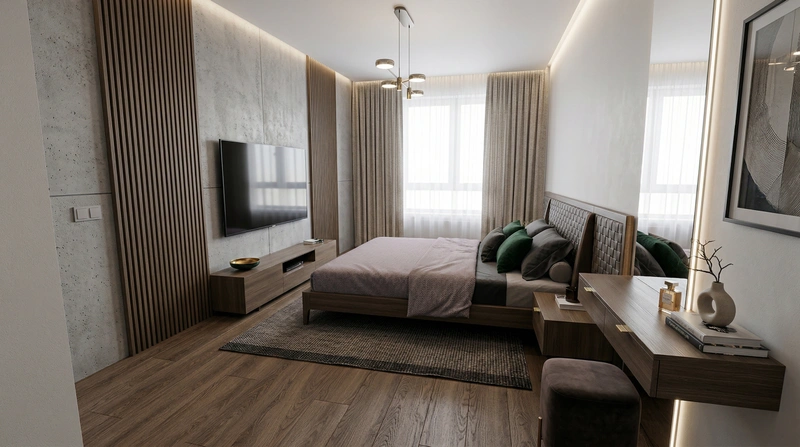 Дизайн спальни в стиле Контемпорари — фото интерьера от нейросети RoomGPT