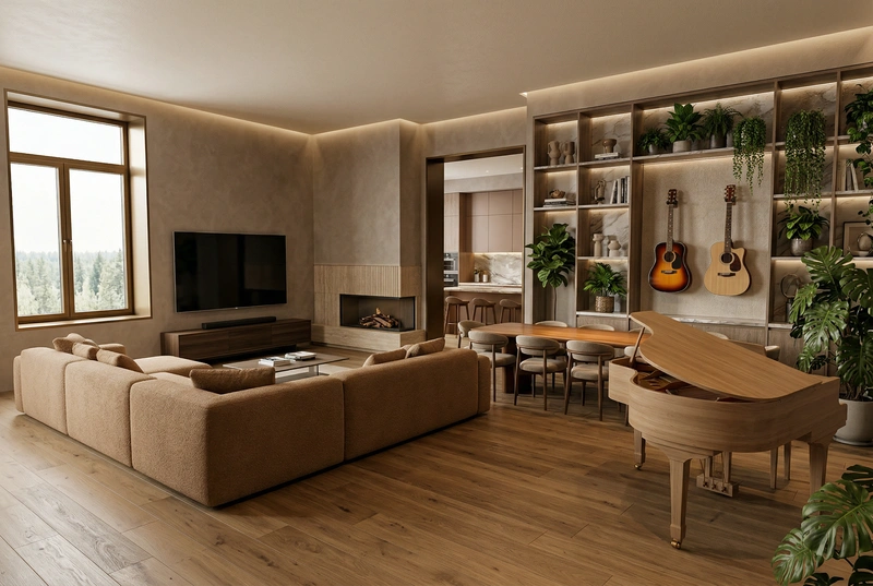 Дизайн интерьера в стиле Контемпорари — Гостиная от нейросети RoomGPT