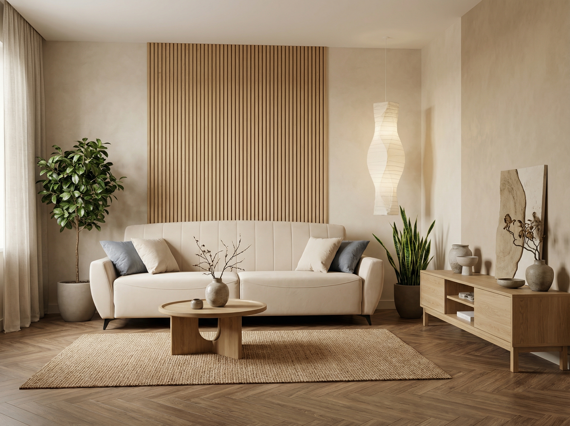 Дизайн гостиной в стиле Japandi — фото интерьера от нейросети RoomGPT