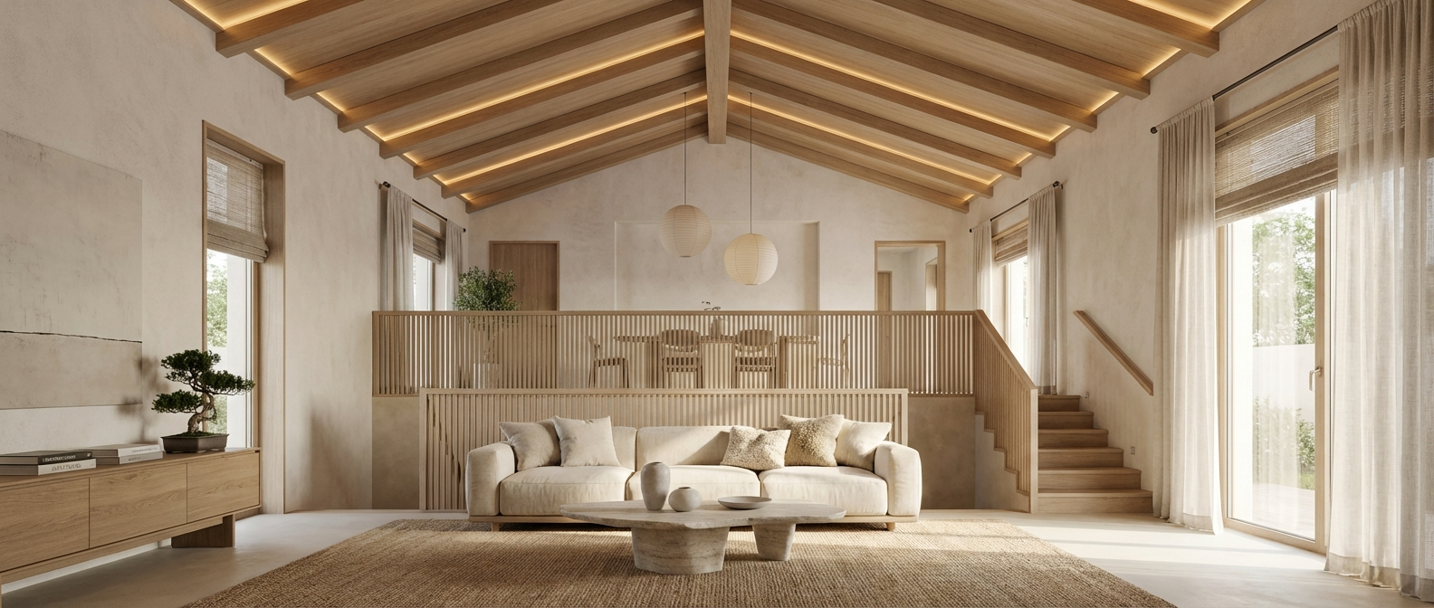 Дизайн гостиной в стиле Japandi — фото интерьера от нейросети RoomGPT