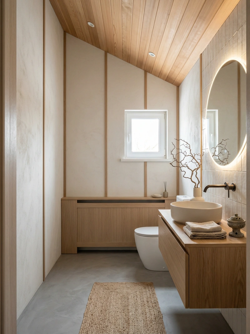 Дизайн ванной в стиле Japandi — фото интерьера от нейросети RoomGPT