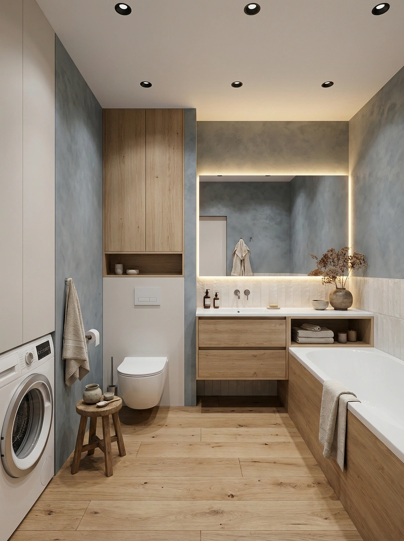 Дизайн ванной в стиле Japandi — фото интерьера от нейросети RoomGPT