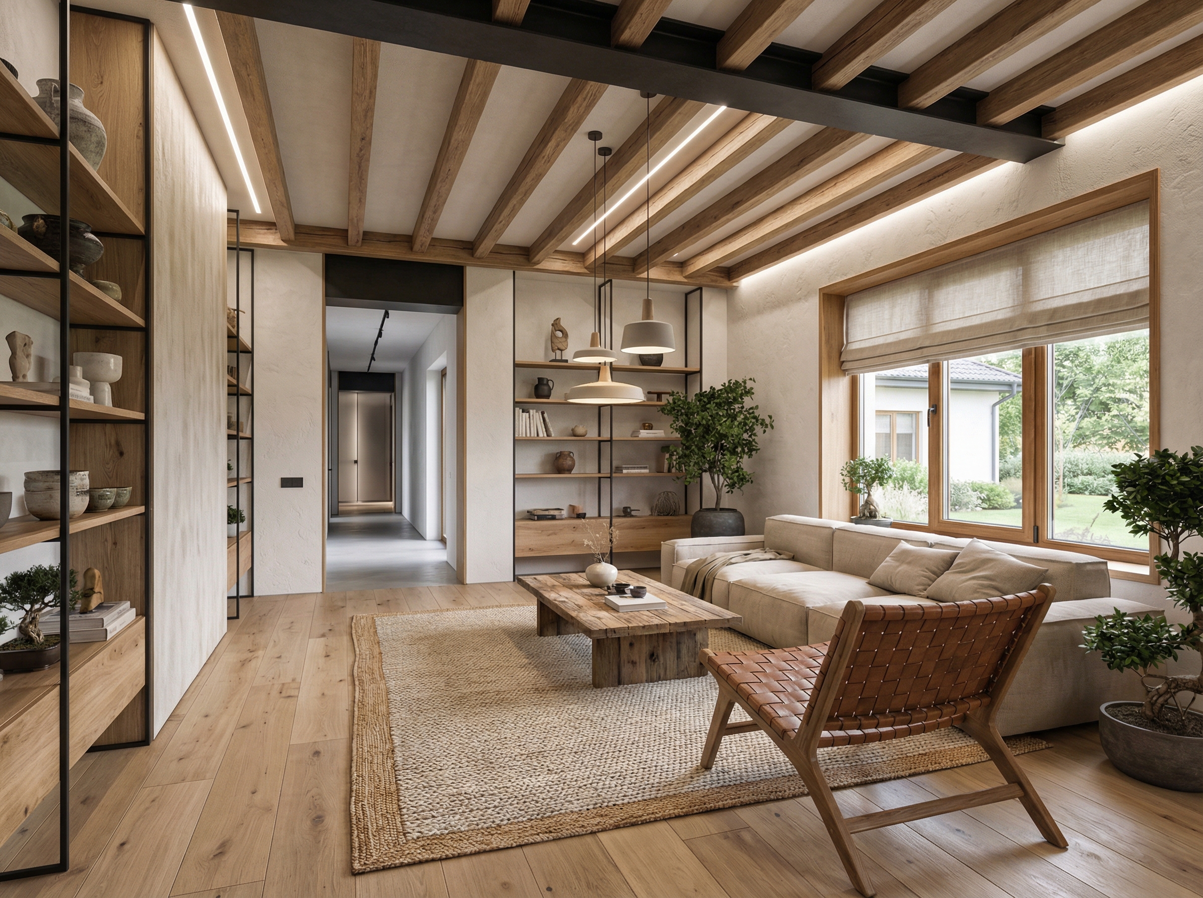 Дизайн гостиной в стиле Japandi — фото интерьера от нейросети RoomGPT