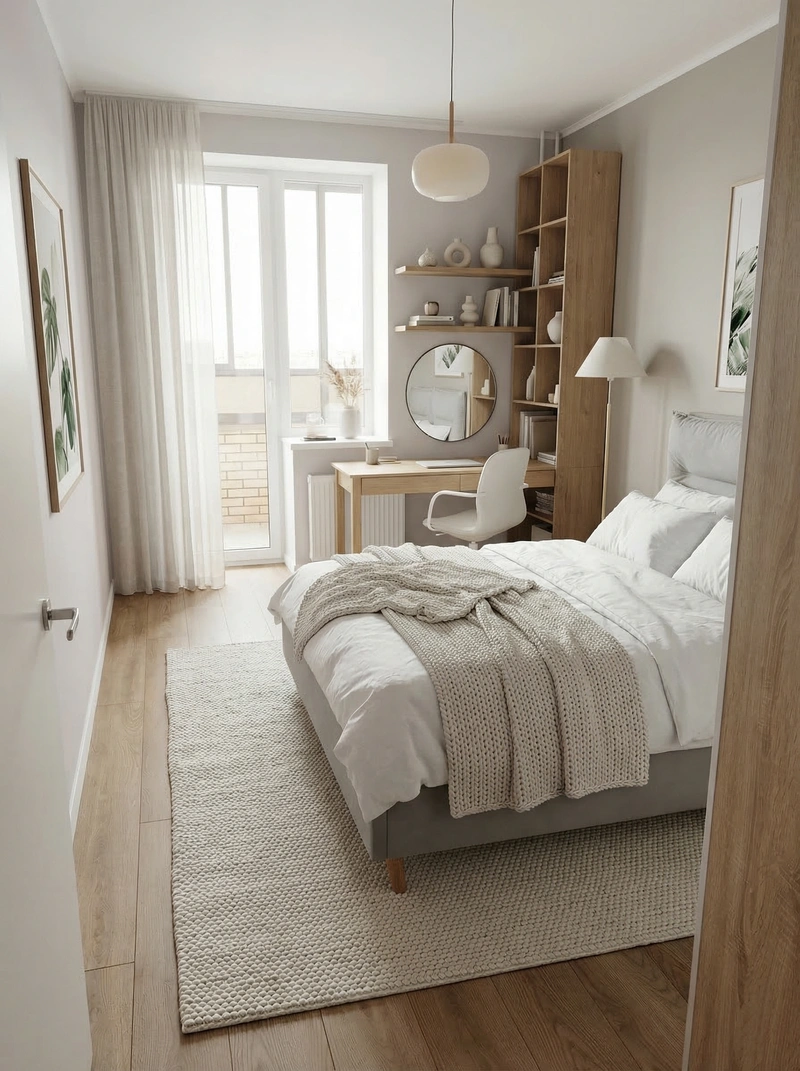 Дизайн спальни в стиле Сканди — фото интерьера от нейросети RoomGPT
