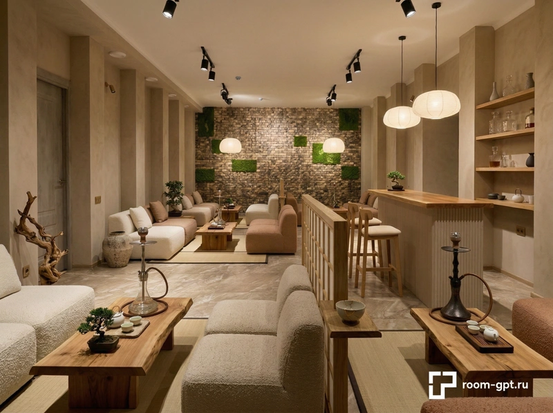 Дизайн гостиной в стиле Japandi — фото интерьера от нейросети RoomGPT