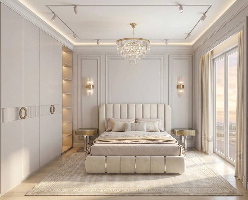 Дизайн спальни в стиле Неоклассика — фото интерьера от нейросети RoomGPT