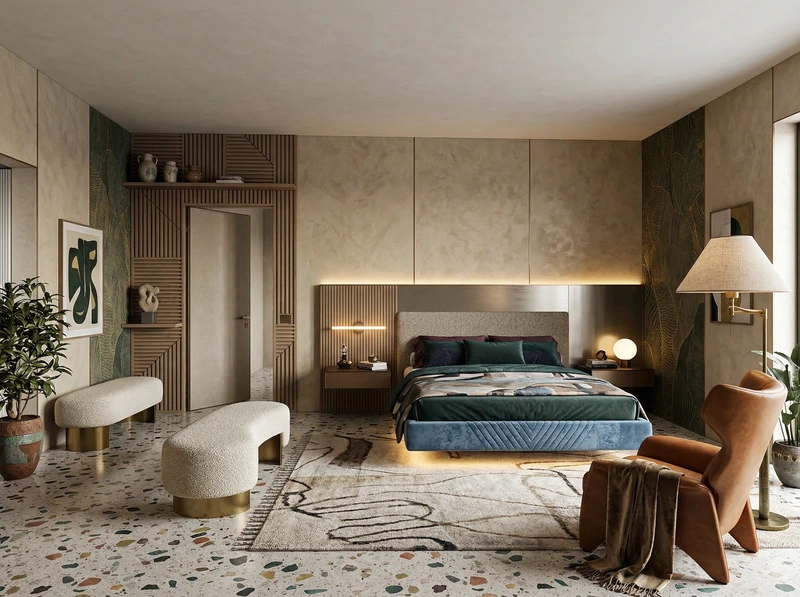 Дизайн спальни в стиле Эклектика — фото интерьера от нейросети RoomGPT