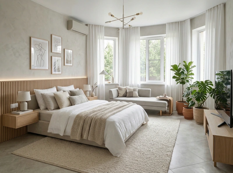 Дизайн спальни в стиле Сканди — фото интерьера от нейросети RoomGPT