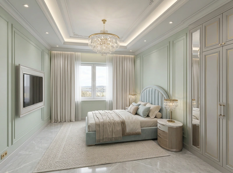 Дизайн спальни в стиле Неоклассика — фото интерьера от нейросети RoomGPT