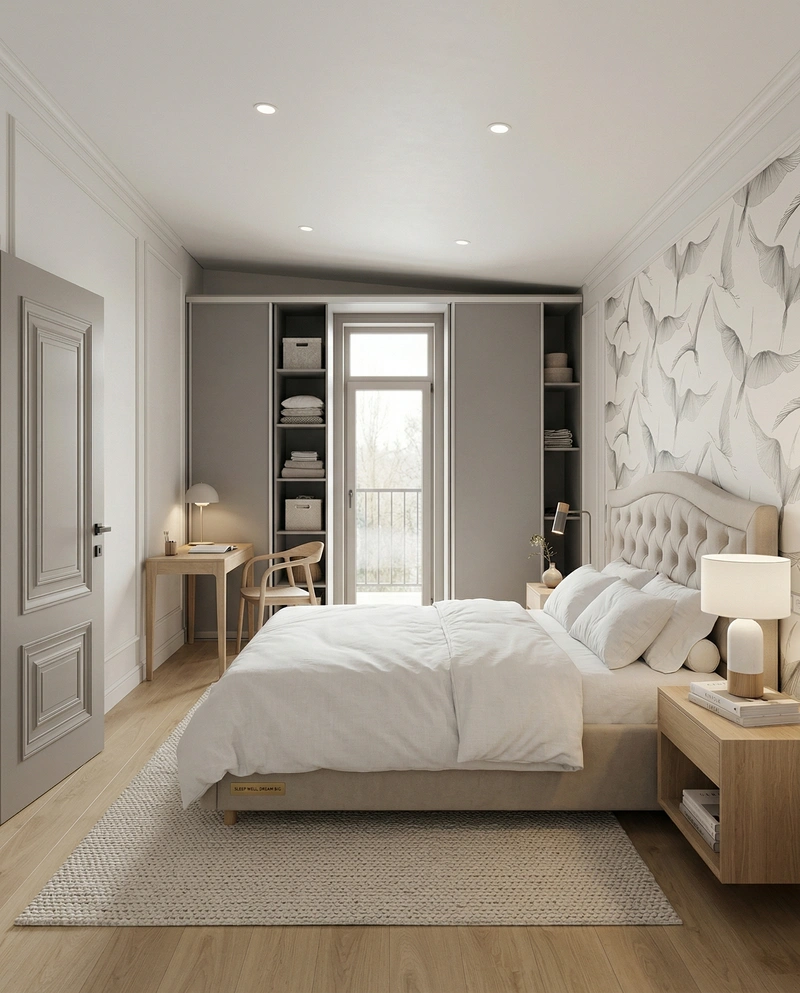 Дизайн спальни в стиле Сканди — фото интерьера от нейросети RoomGPT