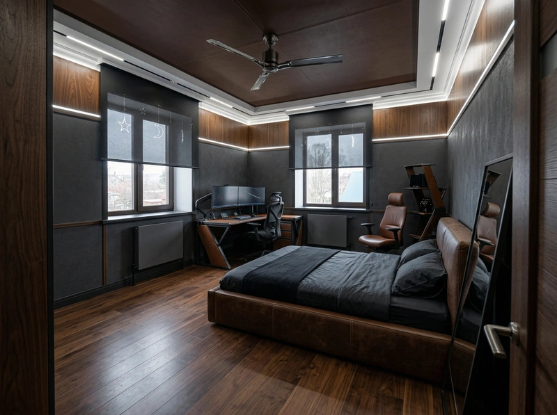 Дизайн спальни в стиле Блэктэк — фото интерьера от нейросети RoomGPT