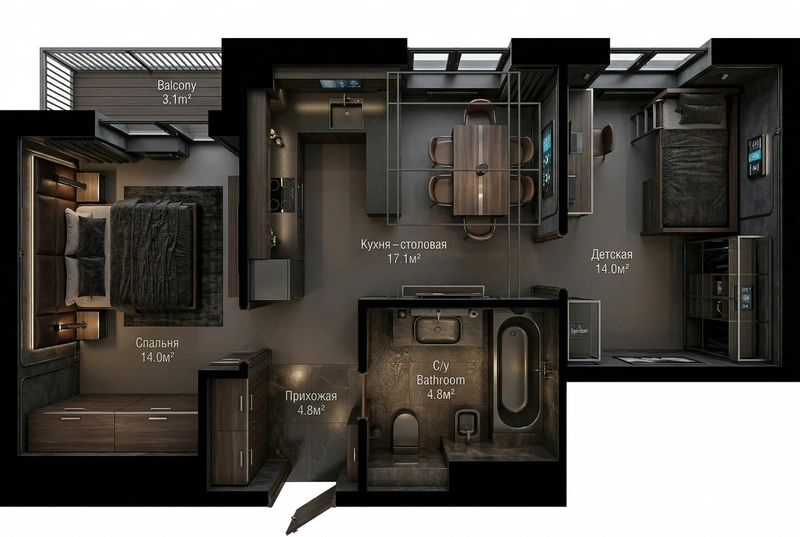 Дизайн гостиной в стиле Блэктэк — фото интерьера от нейросети RoomGPT