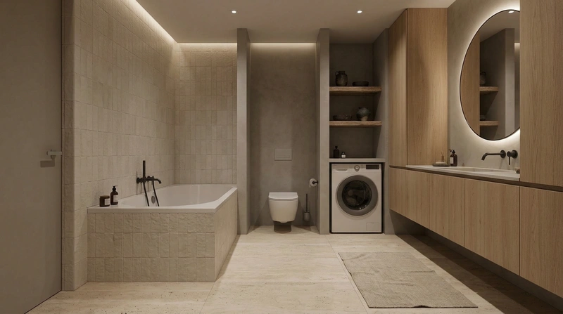 Дизайн ванной в стиле Japandi — фото интерьера от нейросети RoomGPT