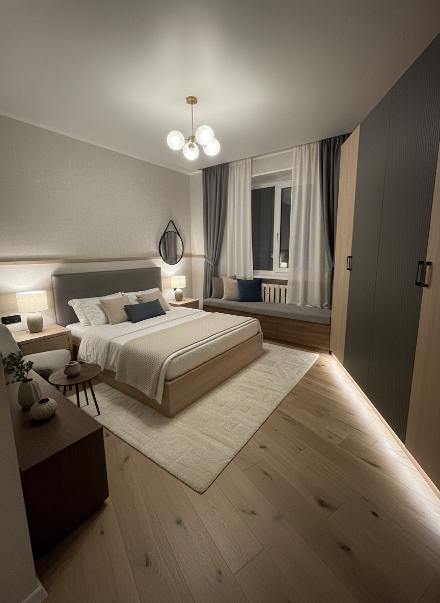 Дизайн спальни в стиле Japandi — фото интерьера от нейросети RoomGPT