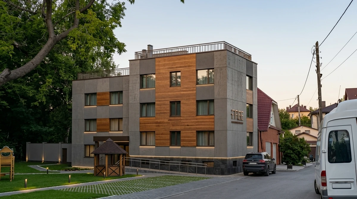 Дизайн фасада в стиле Контемпорари — фото фасада от нейросети RoomGPT
