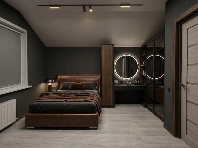 Дизайн спальни в стиле Блэктэк — фото интерьера от нейросети RoomGPT