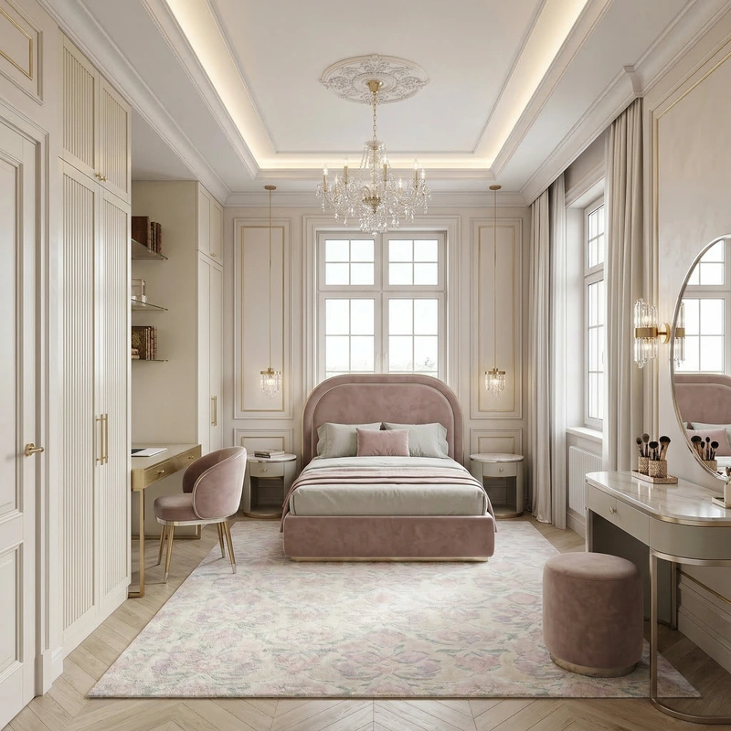 Дизайн спальни в стиле Неоклассика — фото интерьера от нейросети RoomGPT