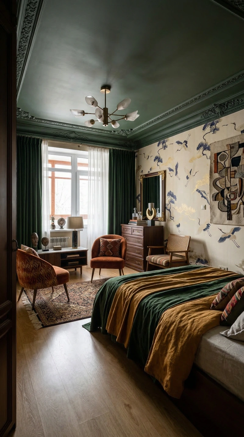 Дизайн спальни в стиле Эклектика — фото интерьера от нейросети RoomGPT