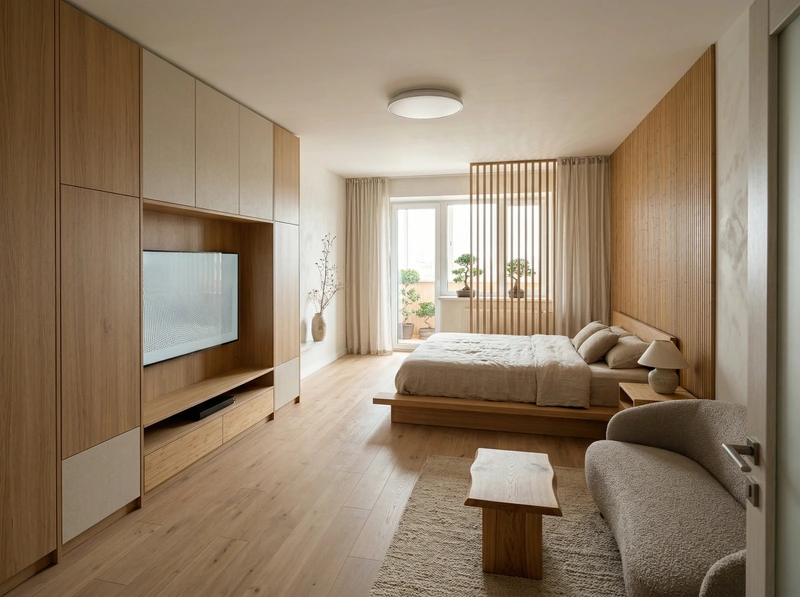 Дизайн спальни в стиле Japandi — фото интерьера от нейросети RoomGPT