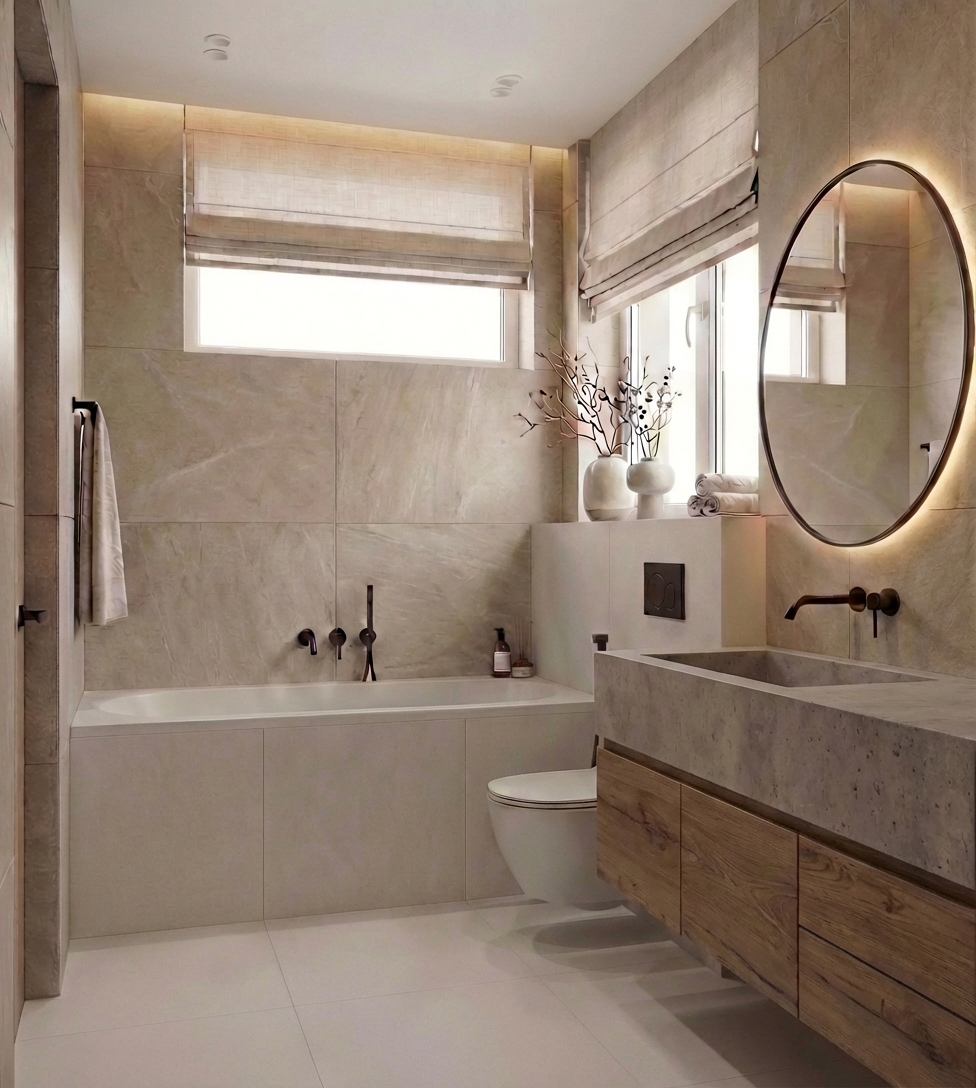 Дизайн ванной в стиле Japandi — фото интерьера от нейросети RoomGPT