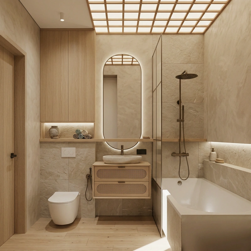 Дизайн ванной в стиле Japandi — фото интерьера от нейросети RoomGPT