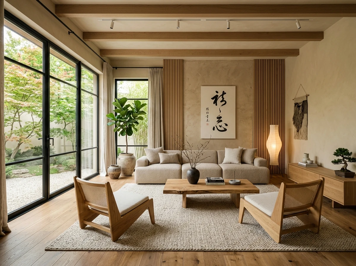 Дизайн гостиной в стиле Japandi — фото интерьера от нейросети RoomGPT