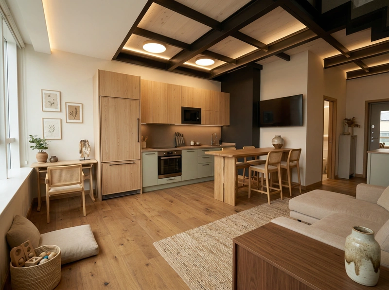 Дизайн гостиной в стиле Japandi — фото интерьера от нейросети RoomGPT